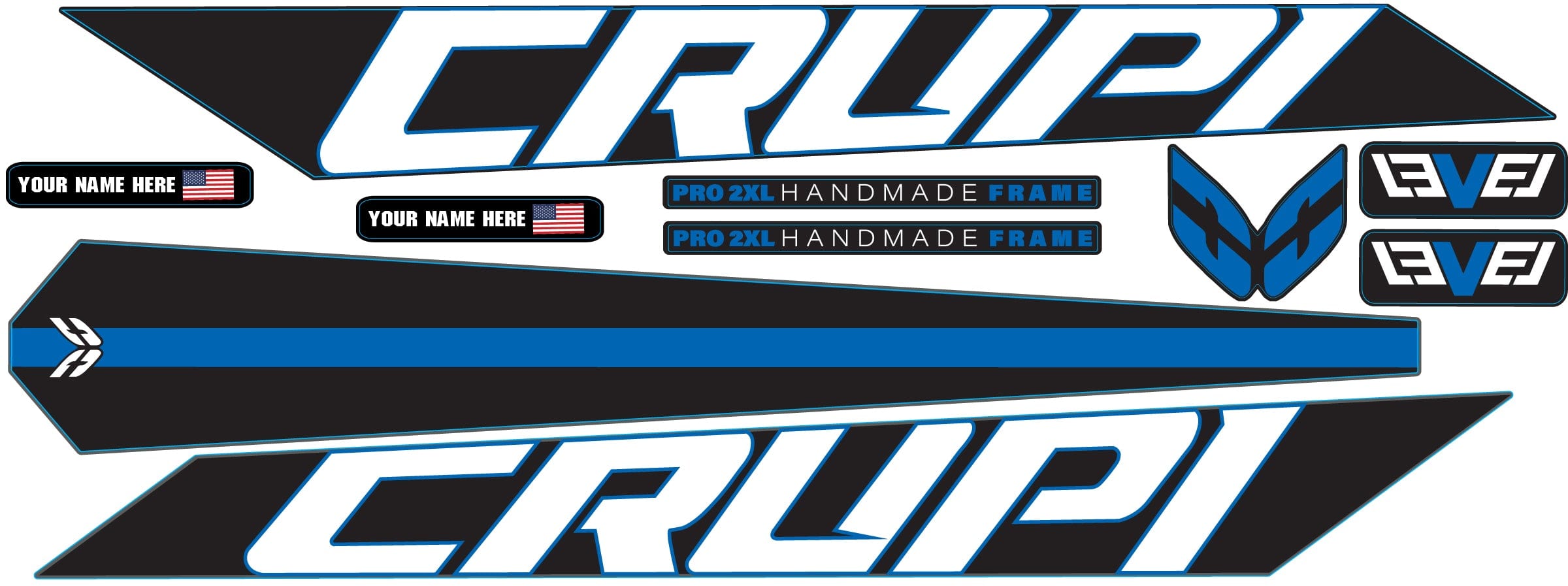 Crupi BMX Decals Black wBlue 2024 Level Frame Decals