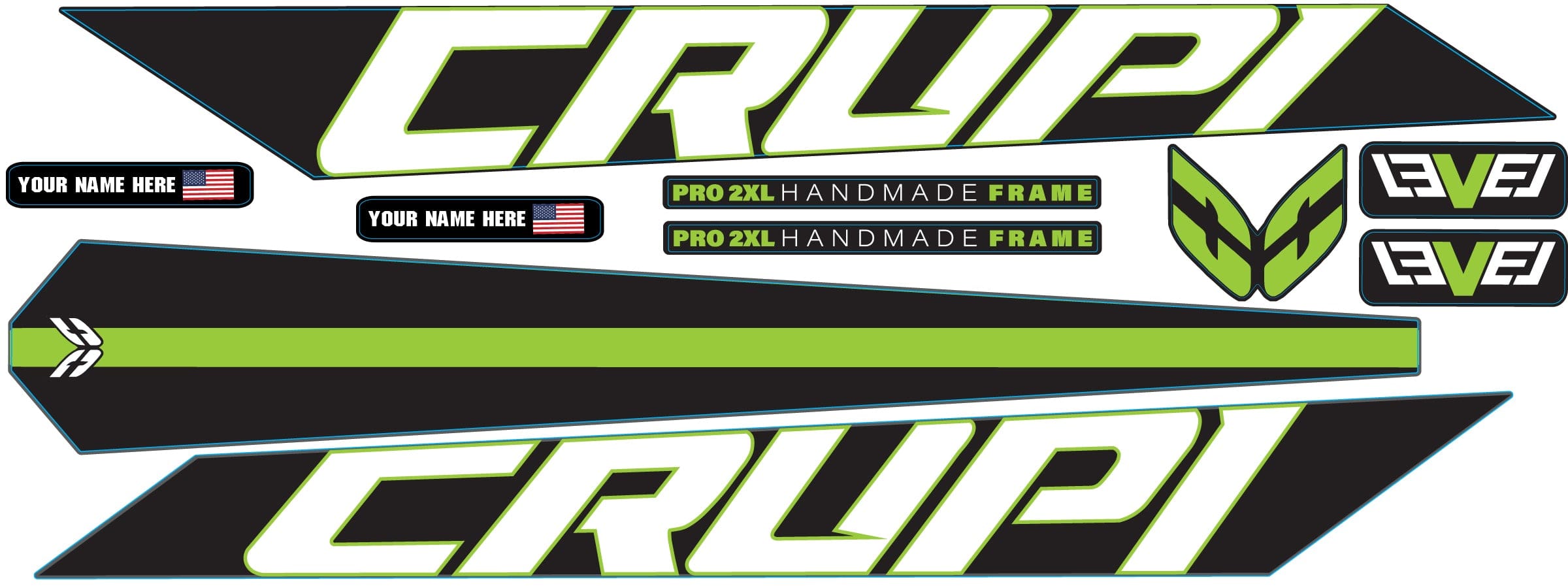 Crupi BMX Decals Black wGreen 2024 Level Frame Decals
