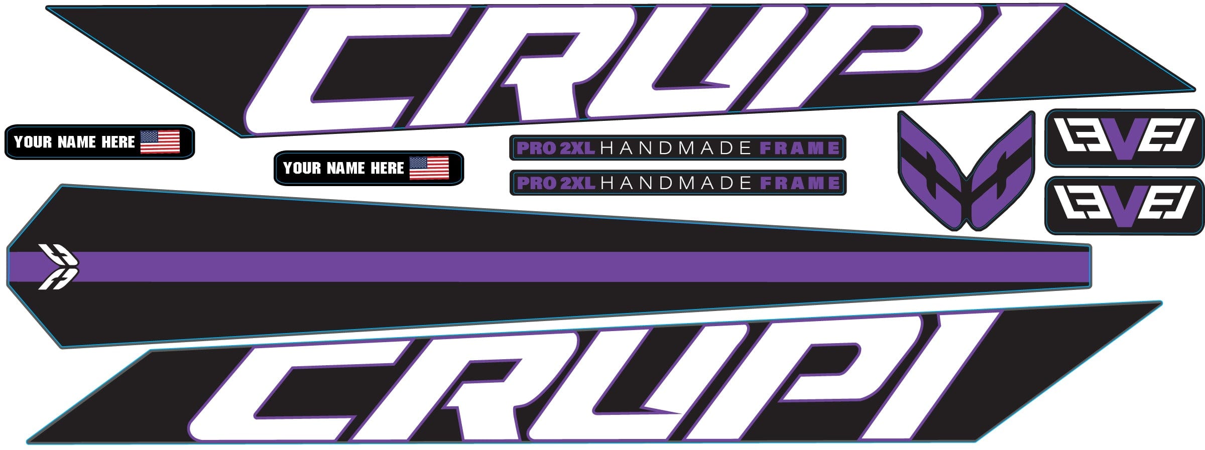 Crupi BMX Decals Black wPurple 2024 Level Frame Decals