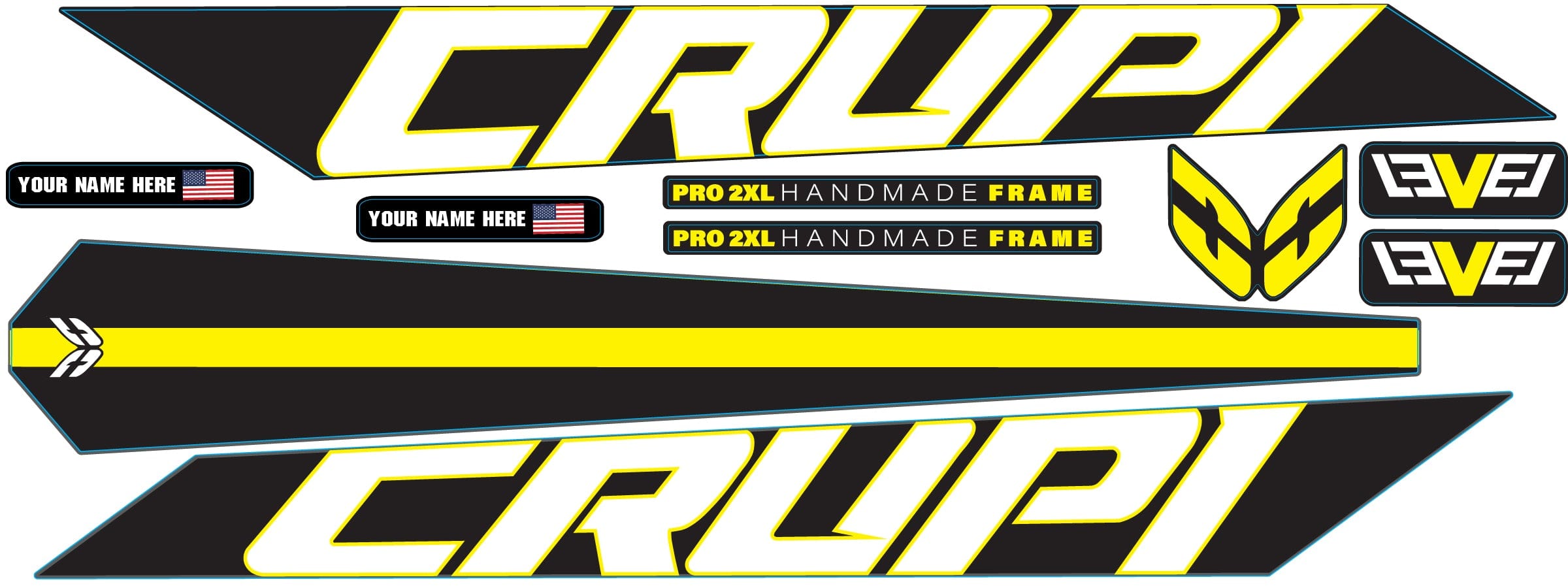 Crupi BMX Decals Black wYellow 2024 Level Frame Decals