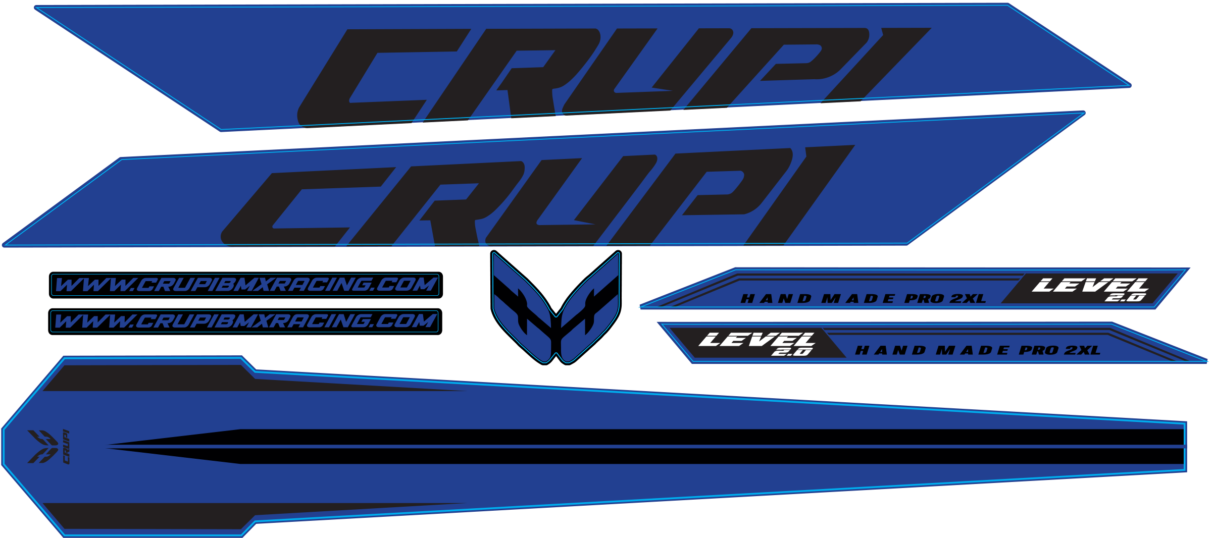 Crupi BMX Decals Blue wBlack 2025 Level 2.0 Frame Decals