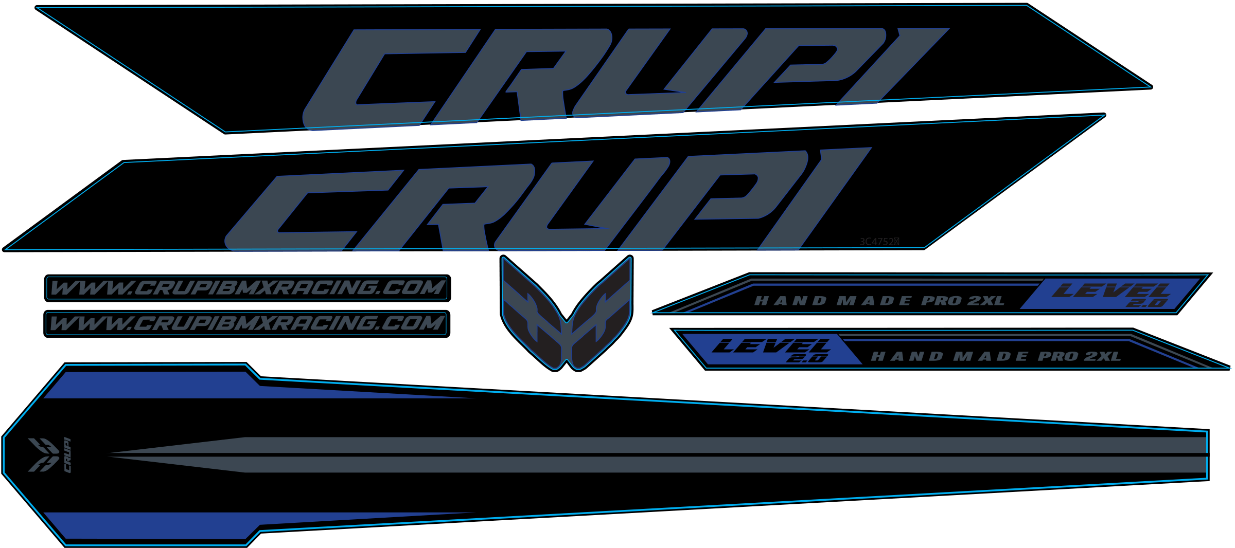 Crupi BMX Decals Grey wBlue 2025 Level 2.0 Frame Decals