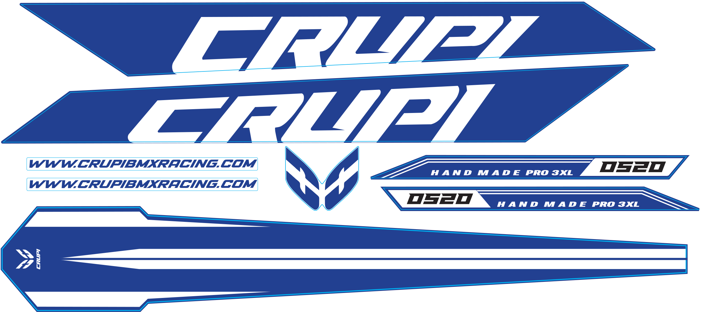 Crupi BMX Decals Blue wWhite 2025 OS20 Frame Decals