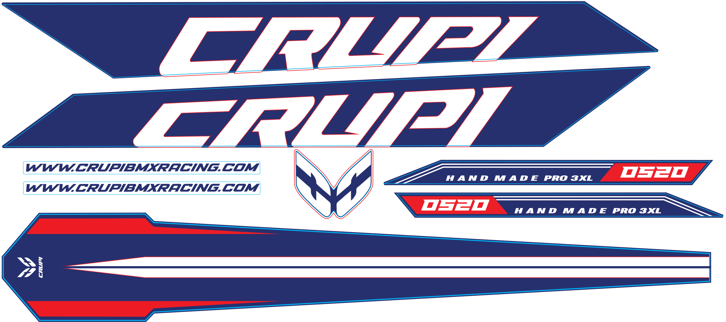 Crupi BMX Decals Red White n Blue 2025 OS20 Frame Decals