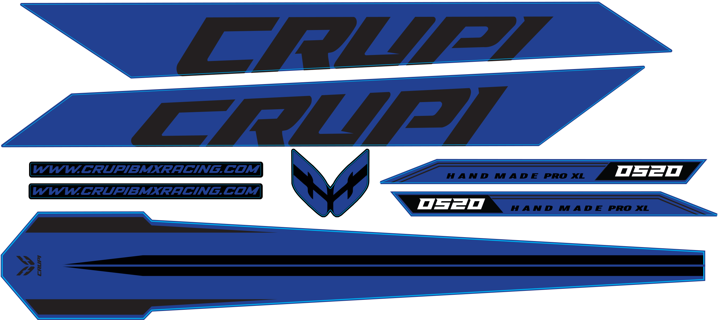 Crupi BMX Decals Blue wBlack 2025 OS20 Frame Decals
