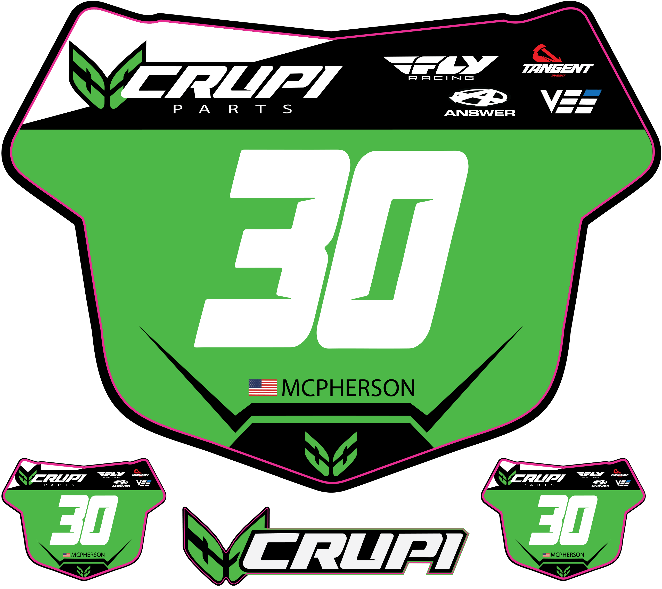 Crupi BMX Decals Pro / Green w/Wht # Custom Number Plate Decals