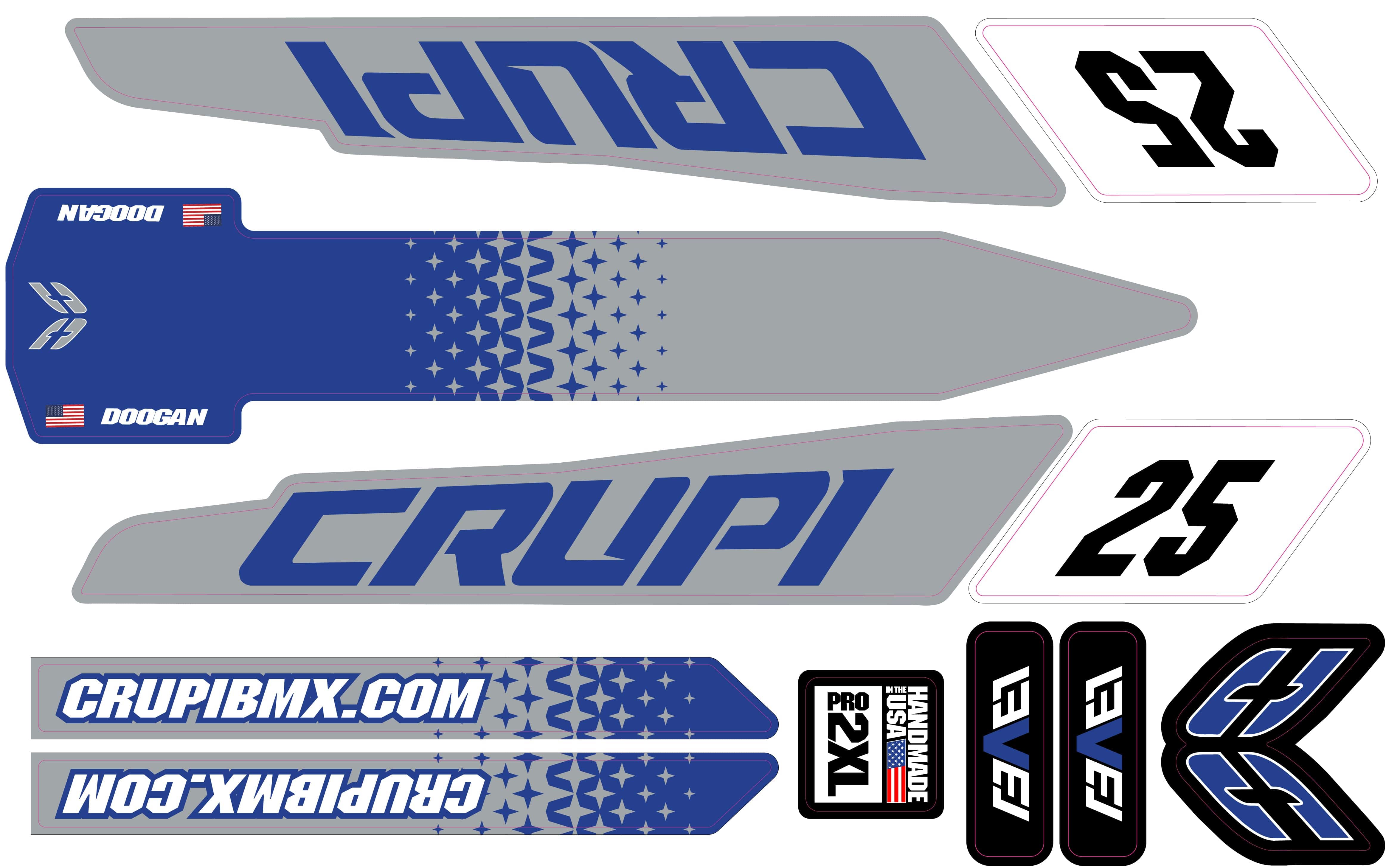 Crupi BMX Decals Pro / Blue/White/Grey 2020 - 2023 CUSTOM Crupi Level Frame Decals