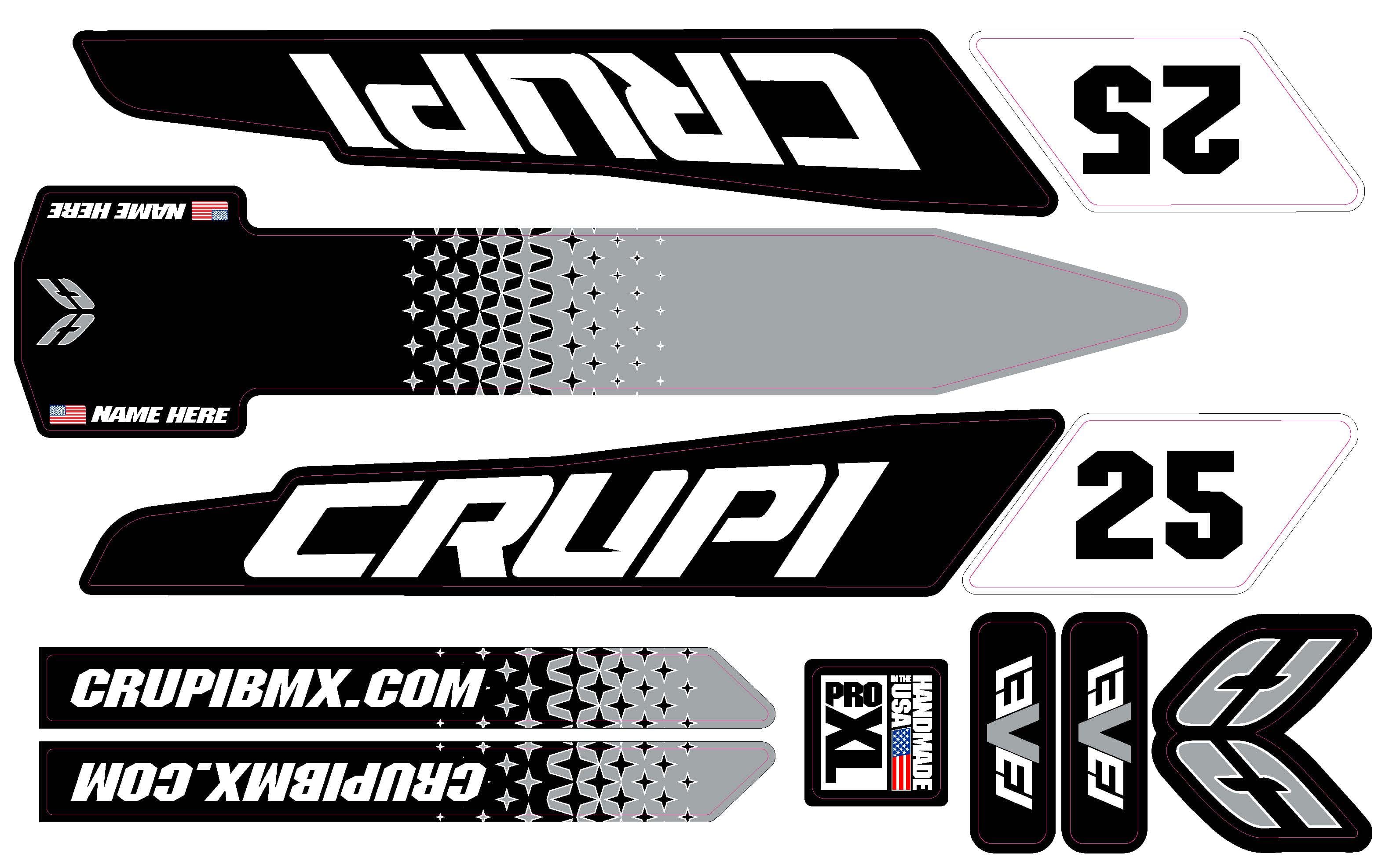 Crupi BMX Decals Pro / Black/Grey 2020 - 2023 CUSTOM Crupi Level Frame Decals